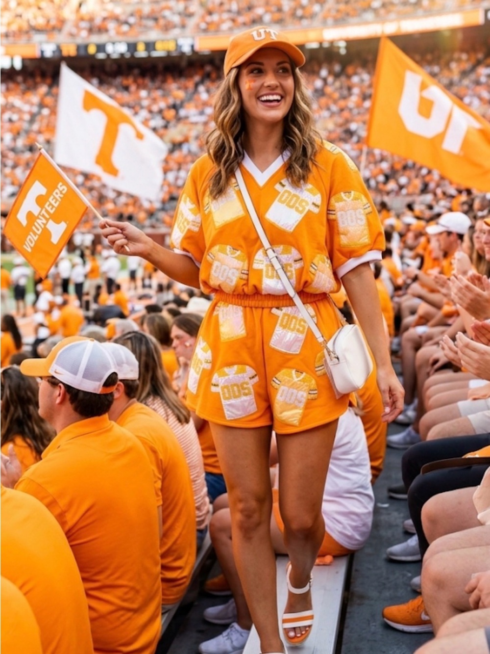 New! QUEEN OF SPARKLES Orange Jersey Bubble Top and Shorts Set